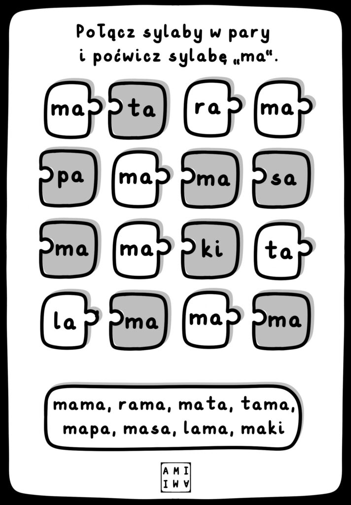 Ćwicz sylaby karty pracy dla dzieci do druku, sylaba ma, proste słowa, puzzle, za darmo, darmowe