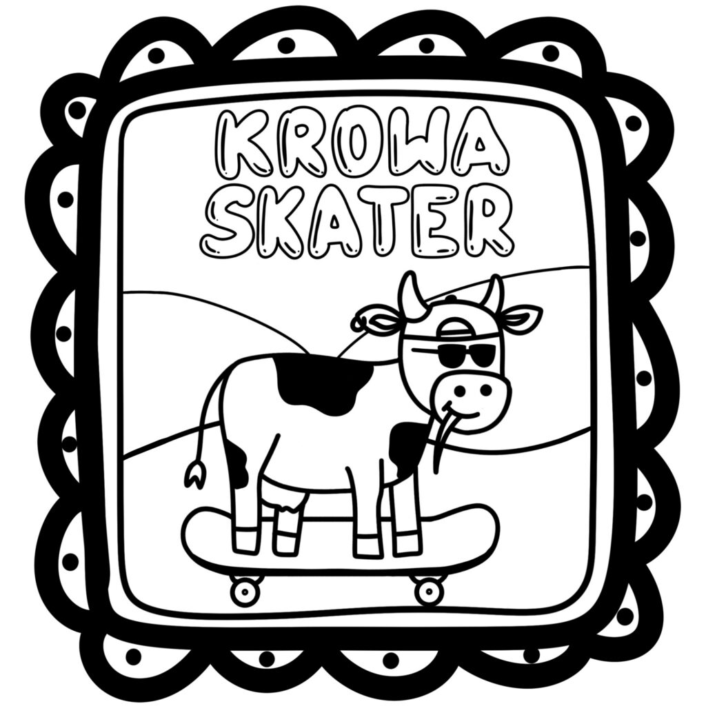 Karty pracy z bohaterami i postaciami, krowa skater, czarnobiałe PDF do druku.