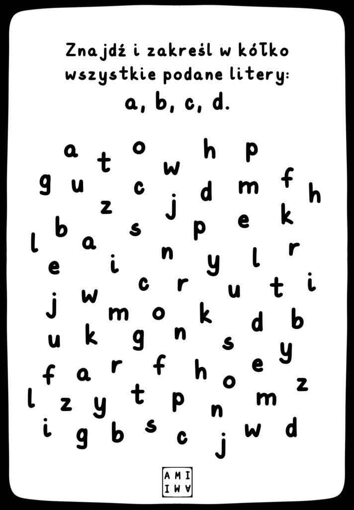 Karty pracy ćwicz literki mała litera, alfabet, literki do szukania, zaznaczania, karty pracy do druku PDF, za darmo, darmowe