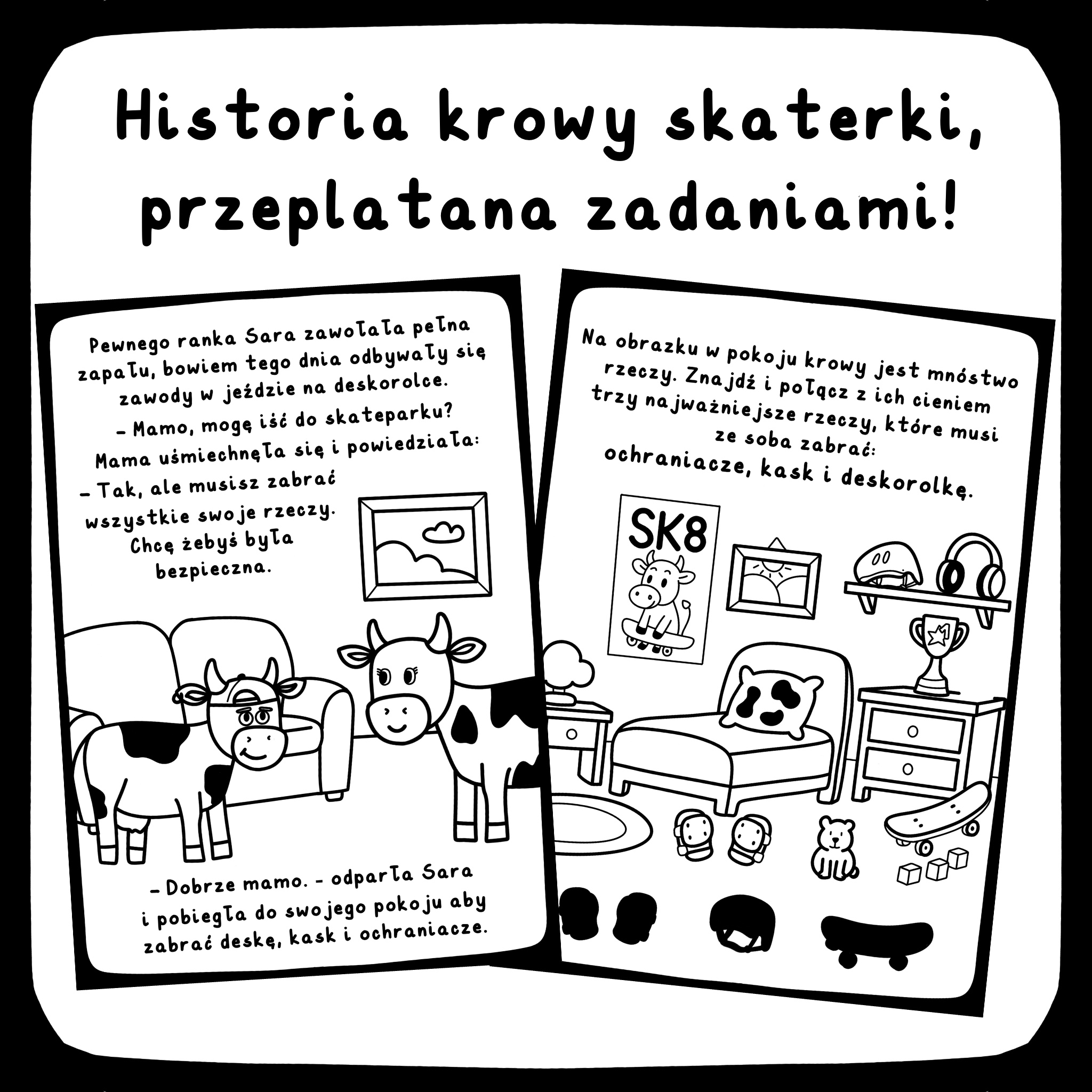 krowa skater karty pracy karty pracy dla dzieci PDF z bohaterem krowa skater deskorolka