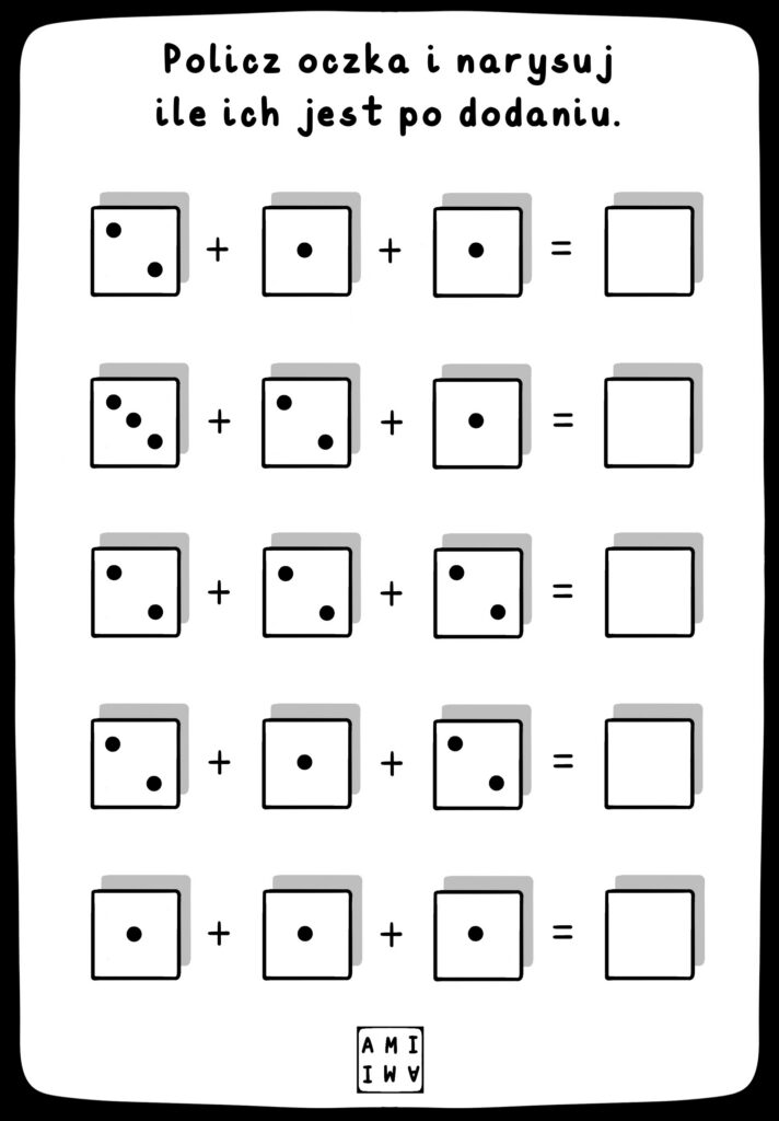darmowe karty pracy dla dzieci do druku kostki, liczenie oczek, prosta matematyka PDF czarno białe