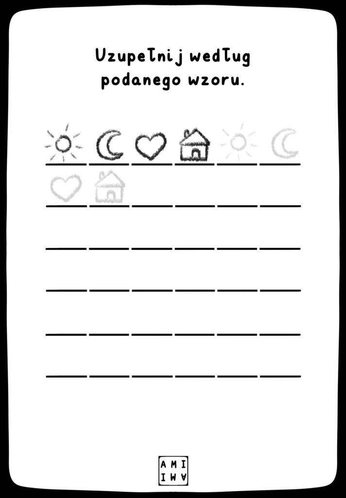 dokończ według podanego wzoru darmowe karty pracy dla dzieci do druku PDF ręcznie rysowane